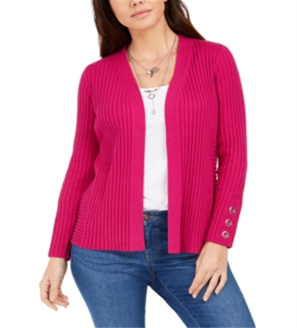 Cardigan feminino canelado com manga de botão e estampado JM Collection, rosa, tamanho pequeno