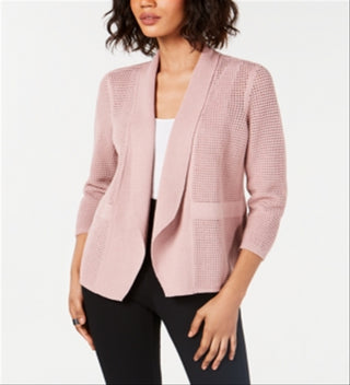 Cardigan Alfani Feminino de Malha Aberta em Mistura de Linho Rosa Tamanho M