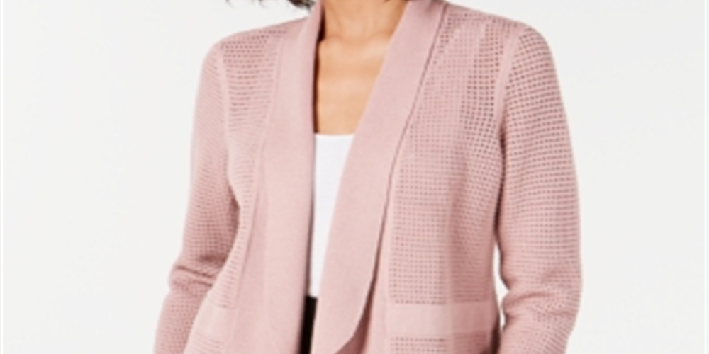 Cardigan Alfani Feminino de Malha Aberta em Mistura de Linho Rosa Tamanho M