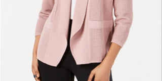 Cardigan Alfani Feminino de Malha Aberta em Mistura de Linho Rosa Tamanho M