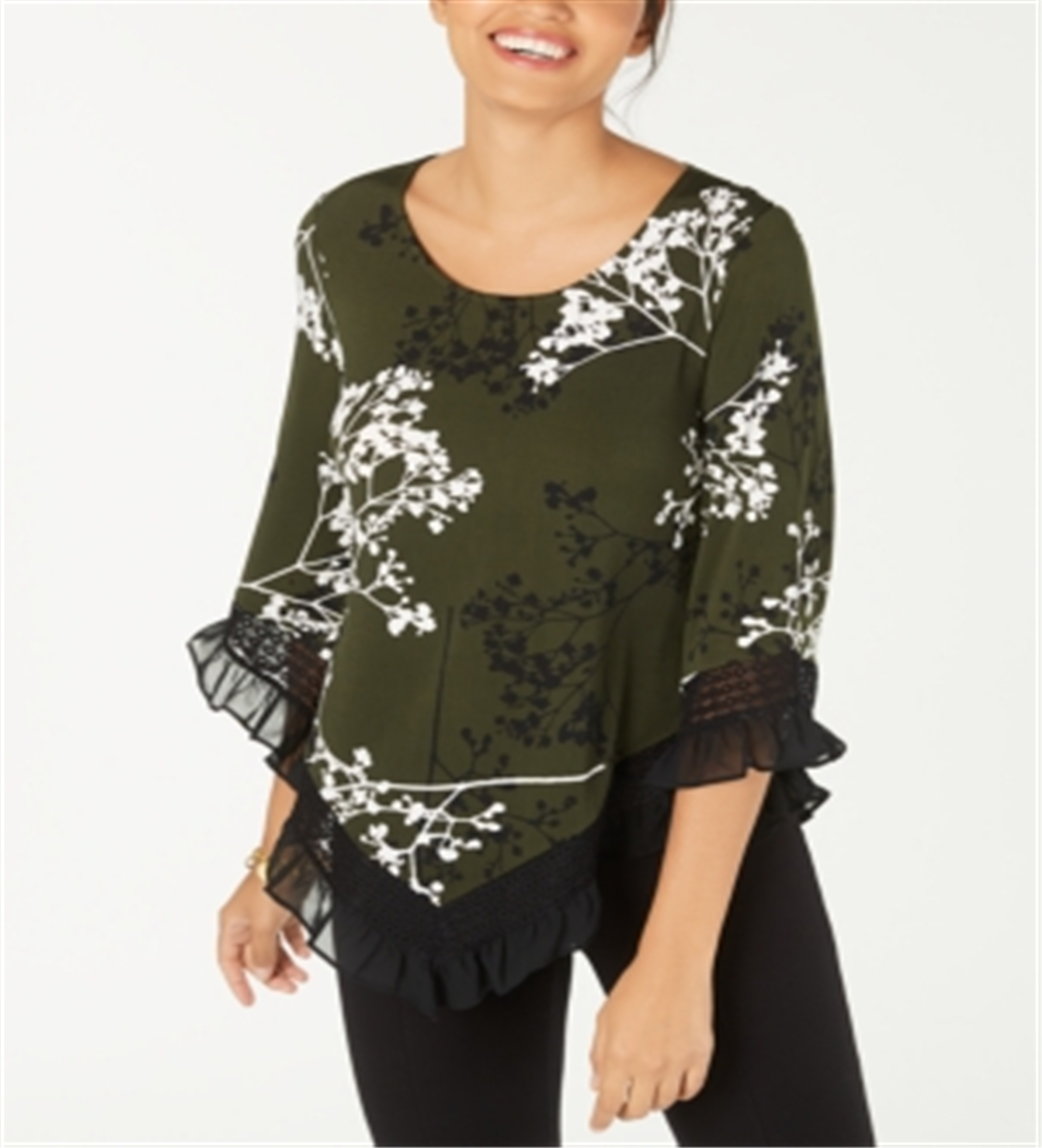 Blusa feminina Alfani com estampa de renda e acabamento verde, tamanho P