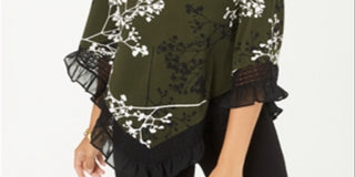 Blusa feminina Alfani com estampa de renda e acabamento verde, tamanho P