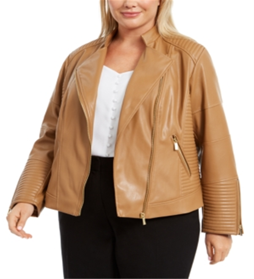 Jaqueta de couro sintético SeaFaux da Calvin Klein para mulheres, marrom, tamanho 0X