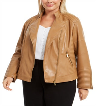 Jaqueta de couro sintético SeaFaux da Calvin Klein para mulheres, marrom, tamanho 0X