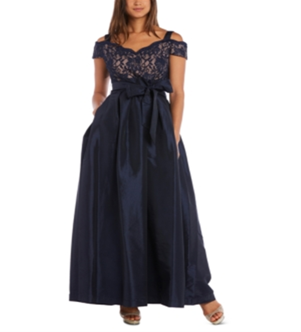 Vestido feminino R &amp; M Richards com alças finas, decote em V, comprimento total, formal, cintura império, azul, tamanho 12
