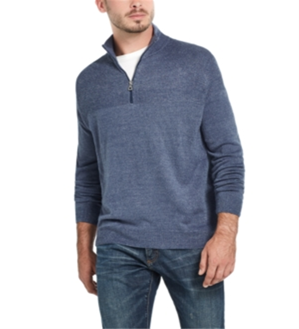 Suéter masculino vintage à prova de intempéries, malha macia com zíper 1/4, azul, tamanho GG