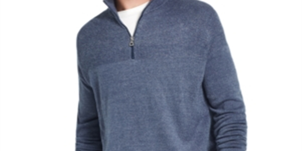 Suéter masculino vintage à prova de intempéries, malha macia com zíper 1/4, azul, tamanho GG