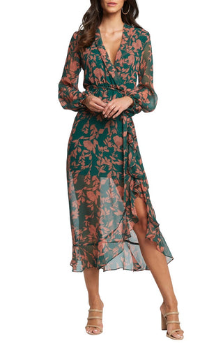 Vestido longo feminino Bardot com estampa floral verde, tamanho extragrande