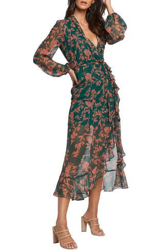 Vestido longo feminino Bardot com estampa floral verde, tamanho extragrande
