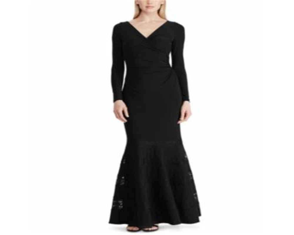 Vestido formal Ralph Lauren feminino com sobrepeliz de renda e sobrepeliz Clevella, preto, tamanho 14