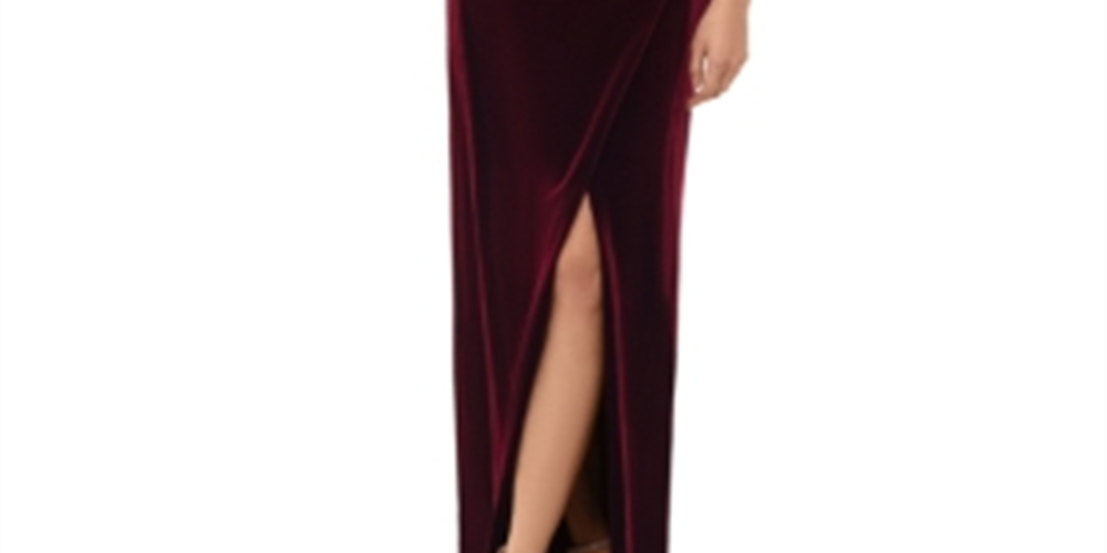 Vestido de festa feminino Betsy &amp; Adam, de veludo drapeado, com fenda, tamanho 2, vinho