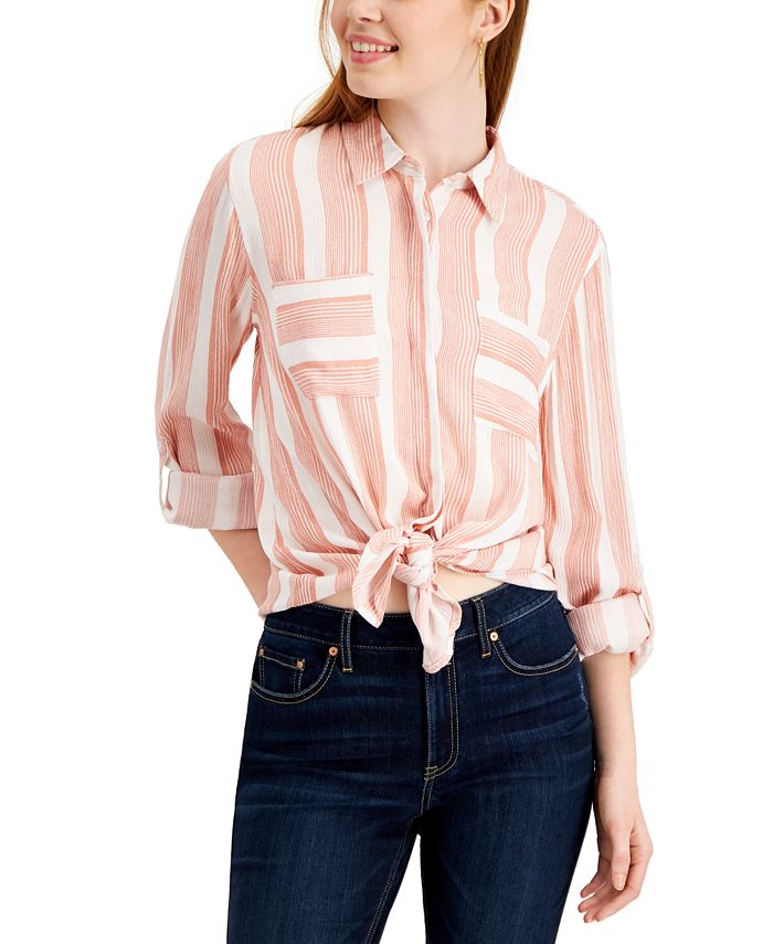 Blusa feminina júnior Pink Rose com botões, listrada, marrom, tamanho grande