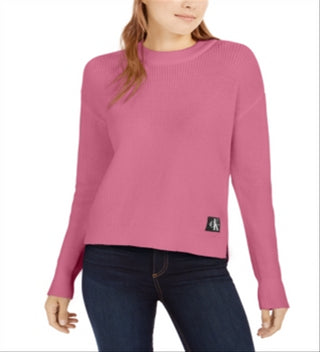 Calvin Klein Suéter de gola redonda feminino, jeans, rosa, tamanho pequeno