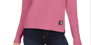 Calvin Klein Suéter de gola redonda feminino, jeans, rosa, tamanho pequeno