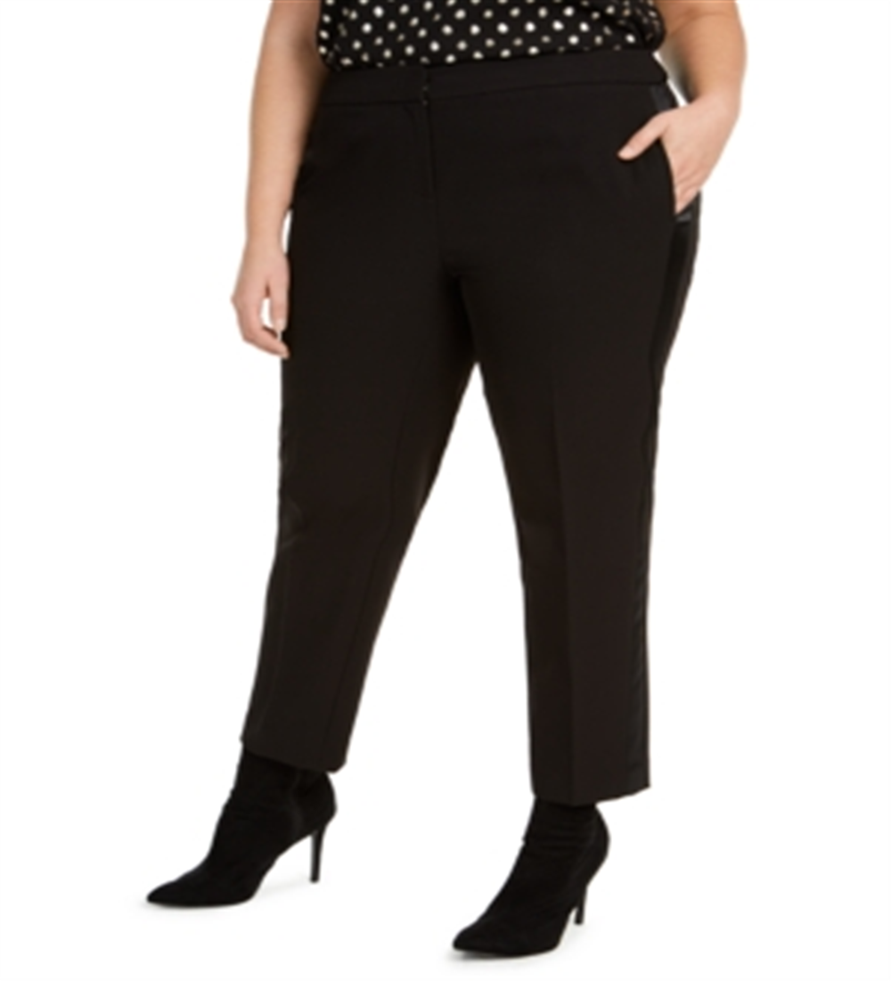 Calça feminina Bar III Trendy Plus Tuxedo com listras de cetim e perna reta, preta, tamanho 14W