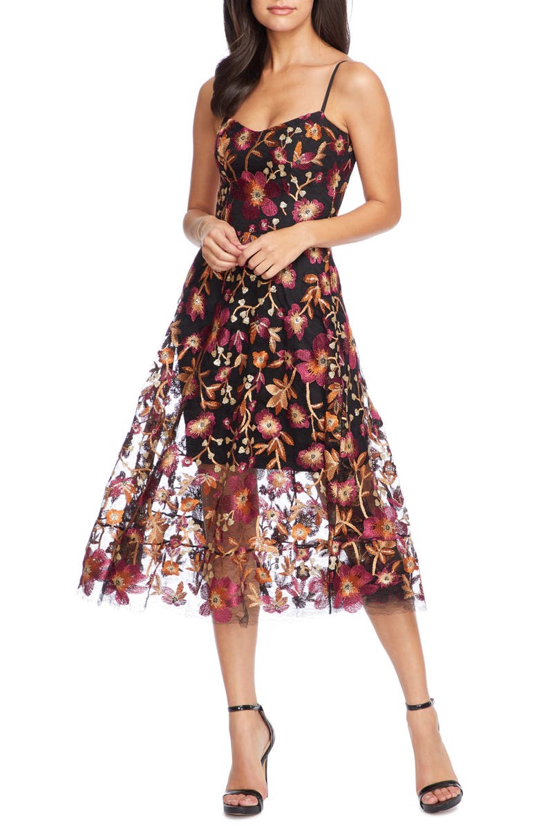 Vestido The Population Feminino Uma Bordado Tule Fit &amp; Flare Vestido Preto Tamanho M