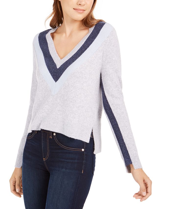 Calvin Klein Jeans Feminino Gola V Chevron Suéter Azul Tamanho P