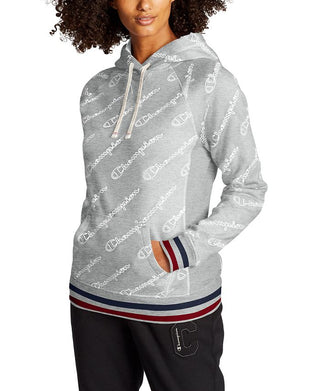 Moletom com capuz Champion feminino com estampa de logotipo Heritage, cinza, tamanho X-S