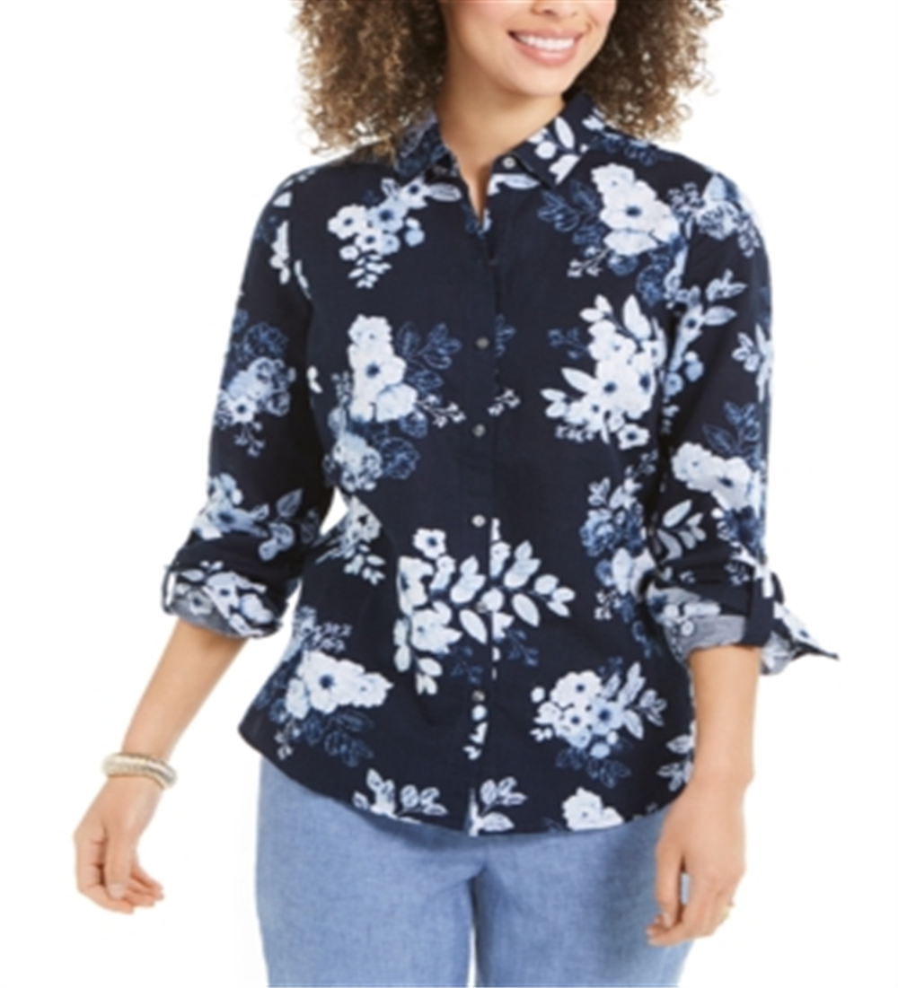 Camisa feminina Charter Club com estampa floral em mistura de linho, azul, tamanho grande
