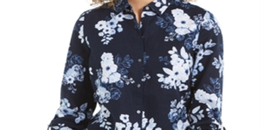 Camisa feminina Charter Club com estampa floral em mistura de linho, azul, tamanho grande