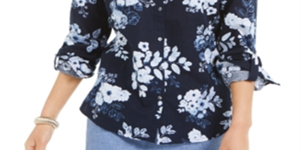 Camisa feminina Charter Club com estampa floral em mistura de linho, azul, tamanho grande