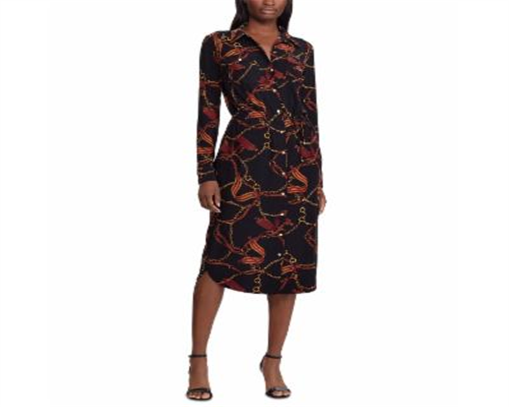 Vestido-camisa longo estampado com gola alta e punho Ralph Lauren feminino, preto, tamanho pequeno