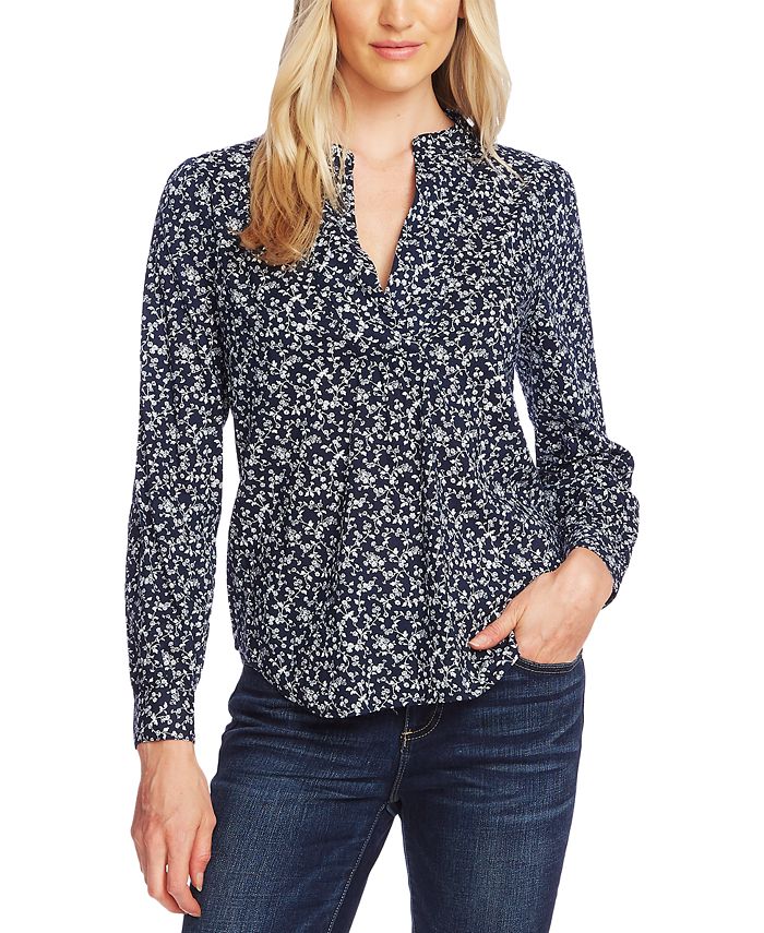 Blusa feminina Vince Camuto de manga comprida Ditsy Vines com decote dividido e tamanho pequeno