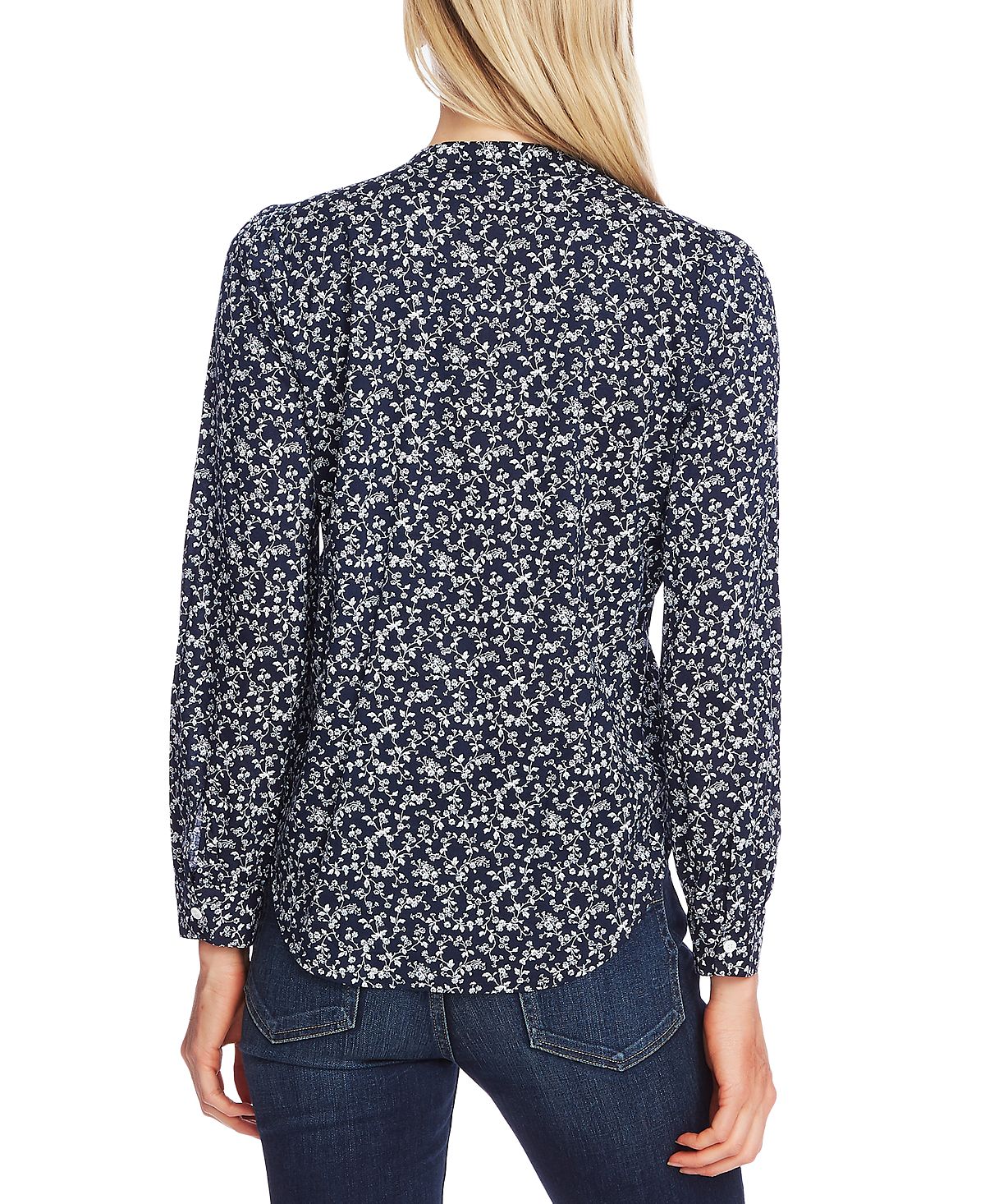 Blusa feminina Vince Camuto de manga comprida Ditsy Vines com decote dividido e tamanho pequeno