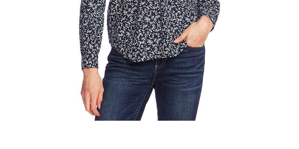 Blusa feminina Vince Camuto de manga comprida Ditsy Vines com decote dividido e tamanho pequeno