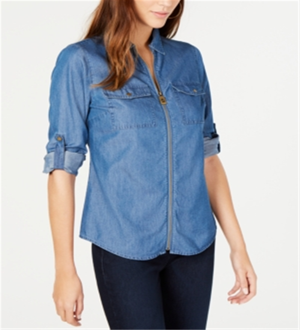 Blusa feminina Michael Kors com zíper e manga 3/4, azul, tamanho X-G
