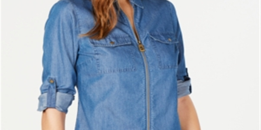 Blusa feminina Michael Kors com zíper e manga 3/4, azul, tamanho X-G