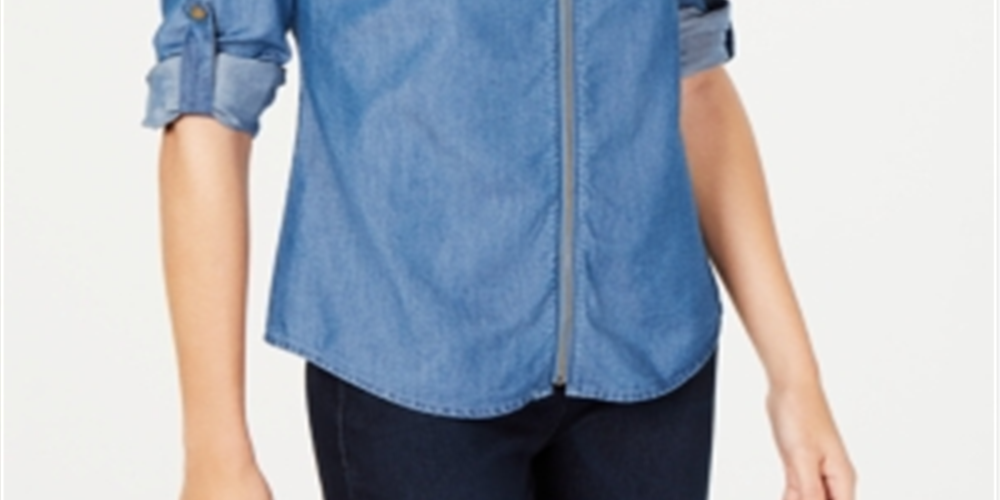 Blusa feminina Michael Kors com zíper e manga 3/4, azul, tamanho X-G