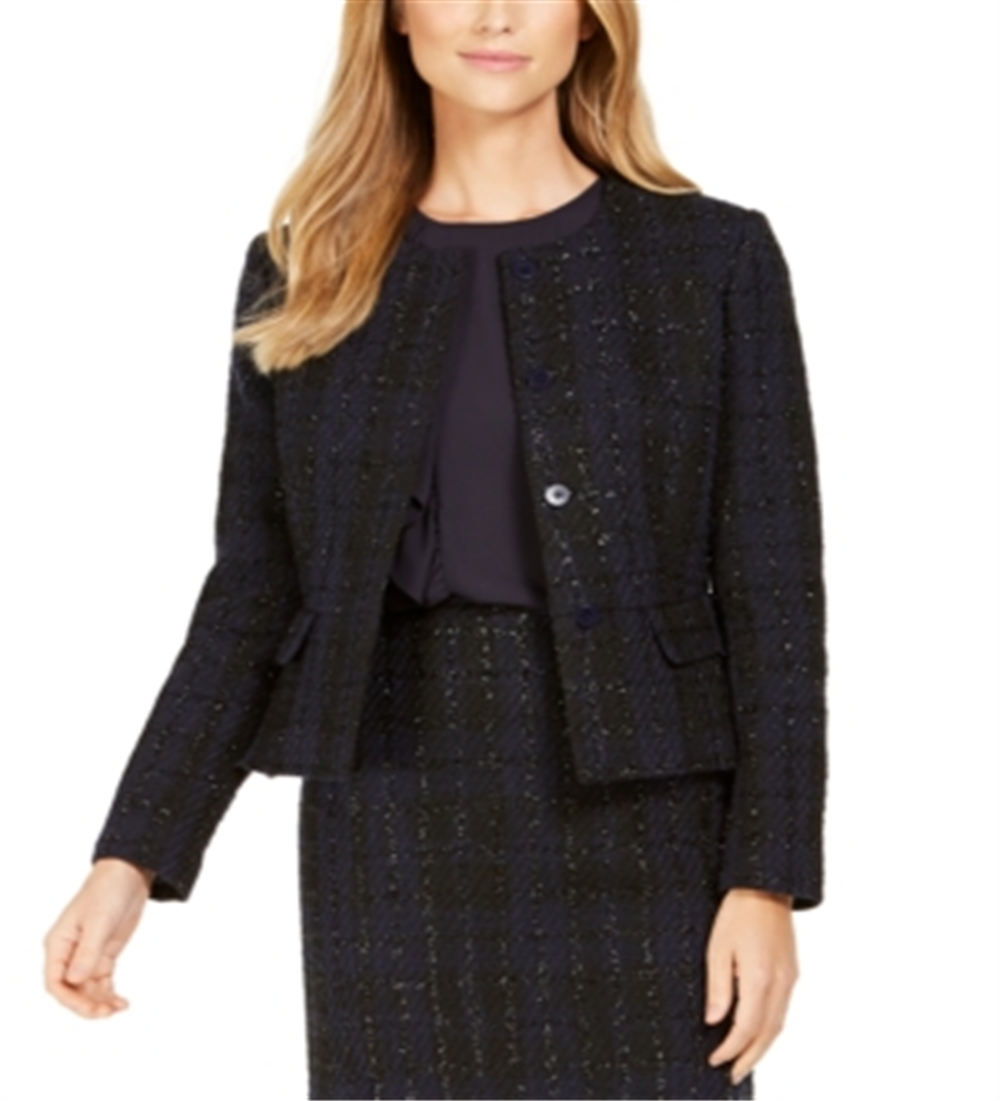 Calvin Klein Blazer Feminino Metallic Tweed Sem Gola Azul Tamanho 16