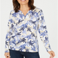 Blusa feminina Karen Scott estampada com decote dividido, azul, tamanho médio