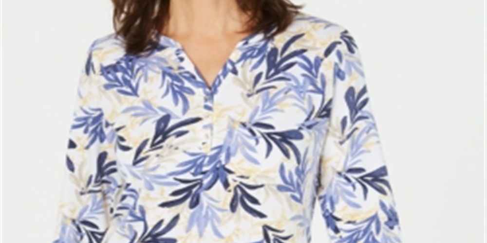 Blusa feminina Karen Scott estampada com decote dividido, azul, tamanho médio