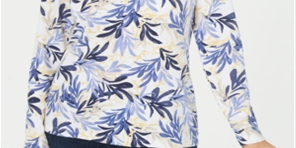 Blusa feminina Karen Scott estampada com decote dividido, azul, tamanho médio