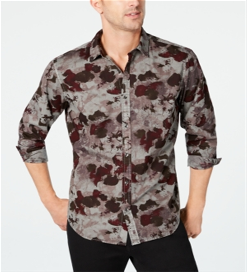 Camisa masculina INC com botões, camuflagem aquarela, manga comprida, cinza, tamanho pequeno