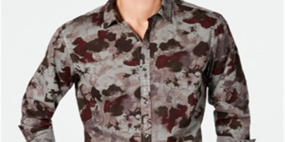 Camisa masculina INC com botões, camuflagem aquarela, manga comprida, cinza, tamanho pequeno