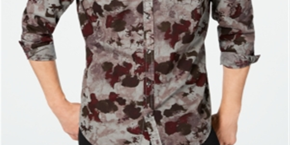 Camisa masculina INC com botões, camuflagem aquarela, manga comprida, cinza, tamanho pequeno