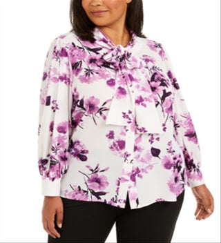 Blusa Calvin Klein Feminina Floral Manga Longa Amarrada no Pescoço para Usar no Trabalho com Botões Roxa Tamanho 3X