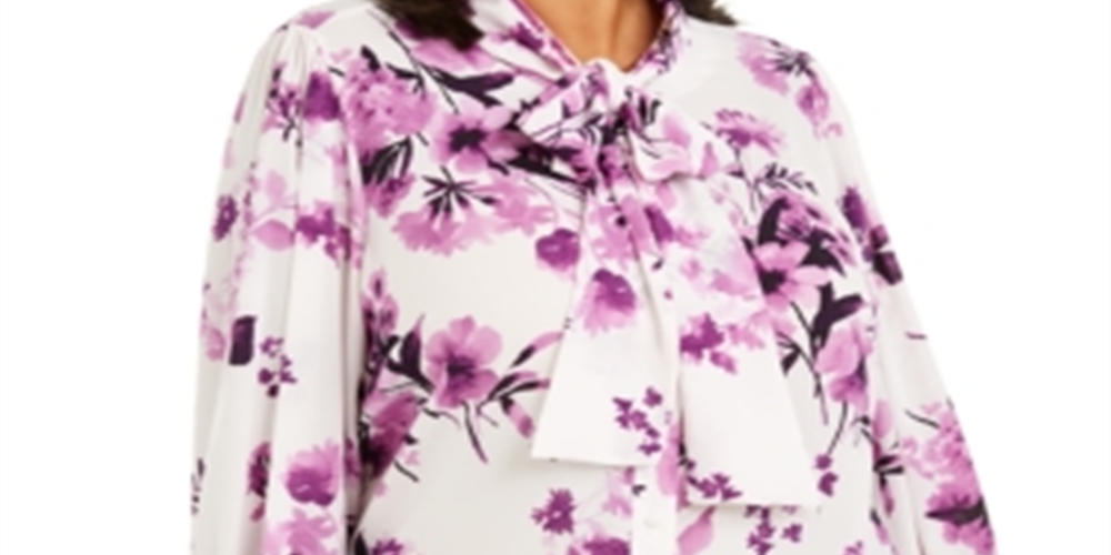 Blusa Calvin Klein Feminina Floral Manga Longa Amarrada no Pescoço para Usar no Trabalho com Botões Roxa Tamanho 3X