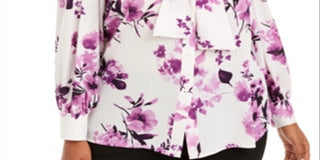 Blusa Calvin Klein Feminina Floral Manga Longa Amarrada no Pescoço para Usar no Trabalho com Botões Roxa Tamanho 3X