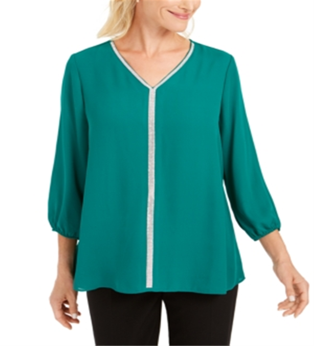 Blusa feminina com bainha em camadas e joias da coleção JM, verde, tamanho XS