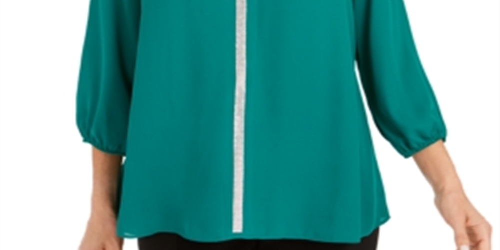 Blusa feminina com bainha em camadas e joias da coleção JM, verde, tamanho XS