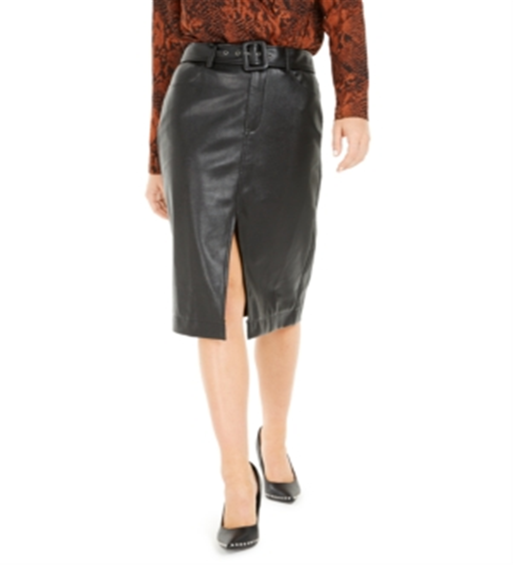 Saia feminina Bar III de couro sintético com cinto e fenda, preta, tamanho GG