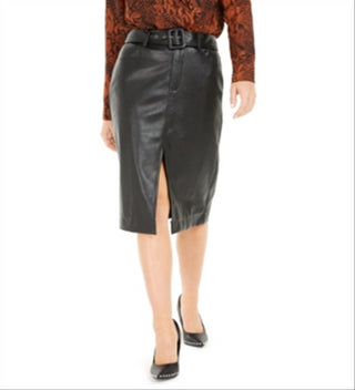 Saia feminina Bar III de couro sintético com cinto e fenda, preta, tamanho GG