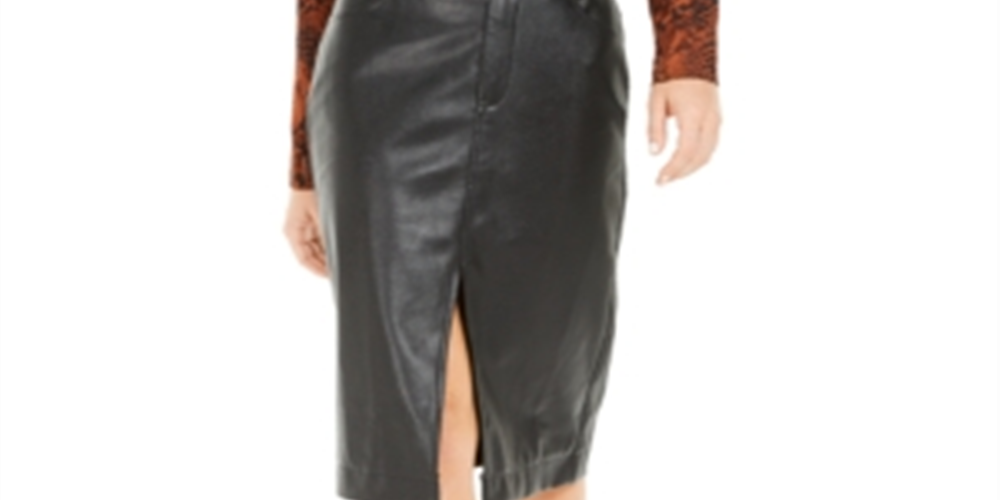 Saia feminina Bar III de couro sintético com cinto e fenda, preta, tamanho GG