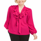 Blusa feminina Kasper de manga comprida com amarração no pescoço, rosa, tamanho pequeno médio