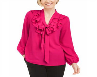 Kasper Women's Long Sleeve Tie Neck Blouse Pink Size Petite Medium