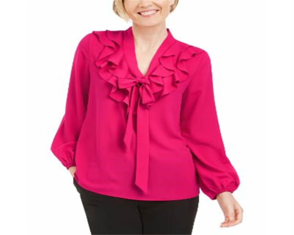 Blusa feminina Kasper de manga comprida com amarração no pescoço, rosa, tamanho pequeno médio